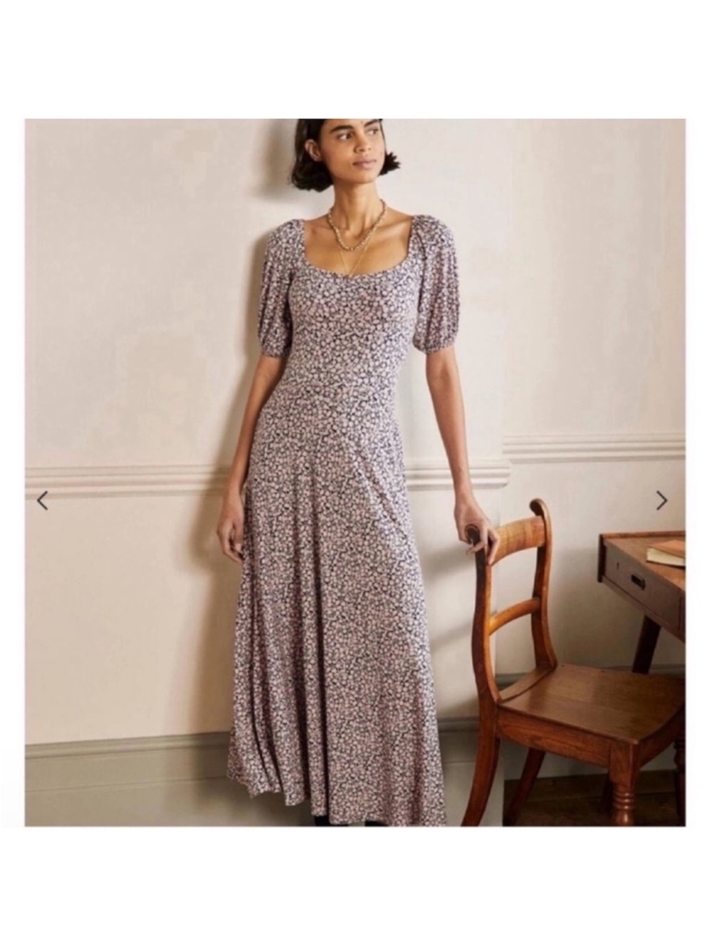 Boden Square Neck Jersey Maxi Dress Sz 2 Floral Pink Blue Stretchy Bubble Sleeve